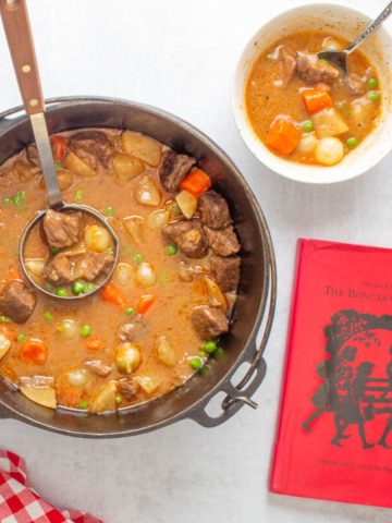 A pot and bowl of Dutch oven beef stew with a red check napkin and the book "The Boxcar Children" next to them.