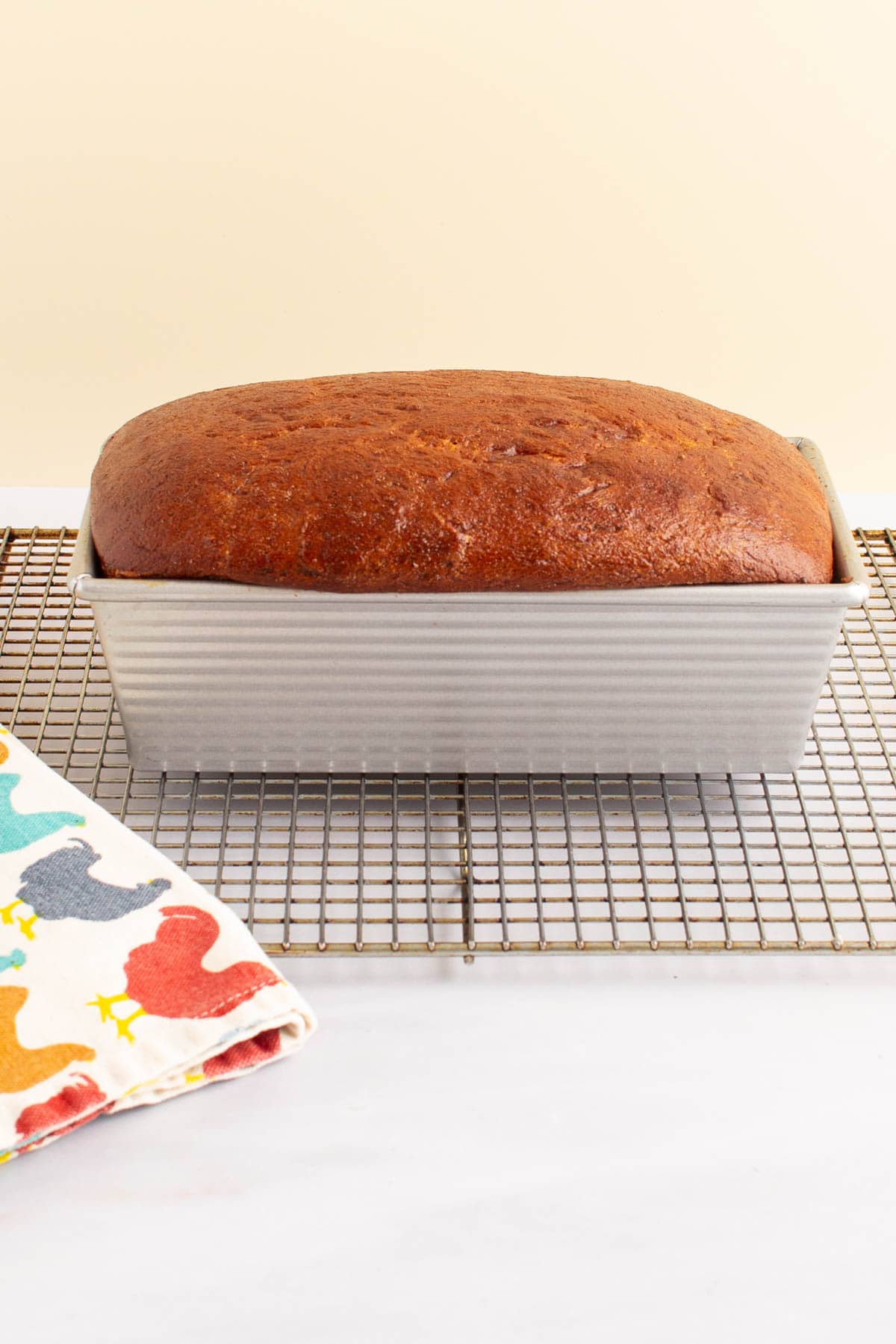 A baked loaf of Easy Honey Wheat Sandwich Bread on a cooling rack.