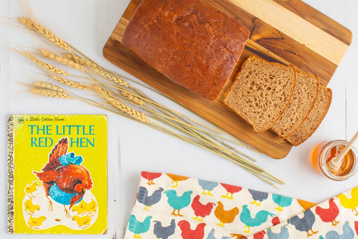 The cover of the book The Little Red Hen next to a loaf of sliced honey wheat sandwich bread, stalks of wheat, and a jar of honey.