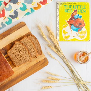 The cover of the book The Little Red Hen next to a loaf of sliced honey wheat sandwich bread, stalks of wheat, and a jar of honey.