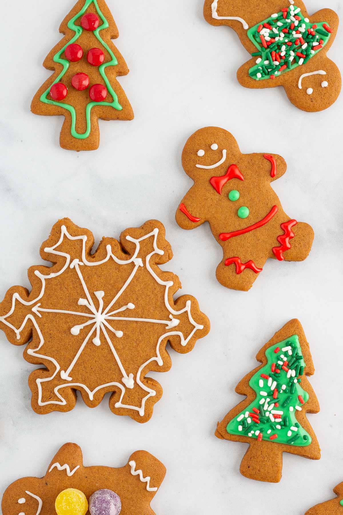 Baked and decorated easy gingerbread cookies.