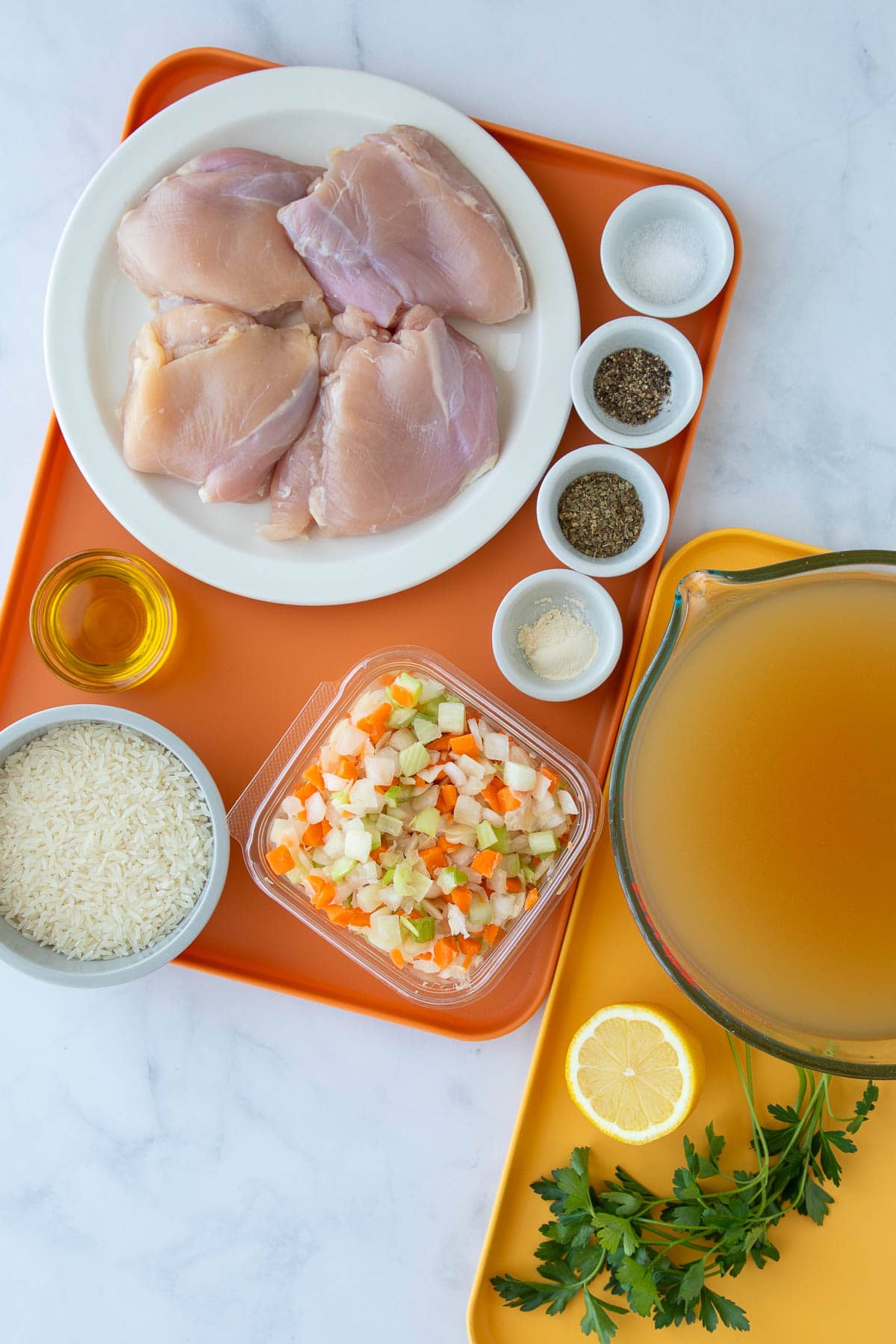 The ingredients for chicken soup with rice measured out on two trays.